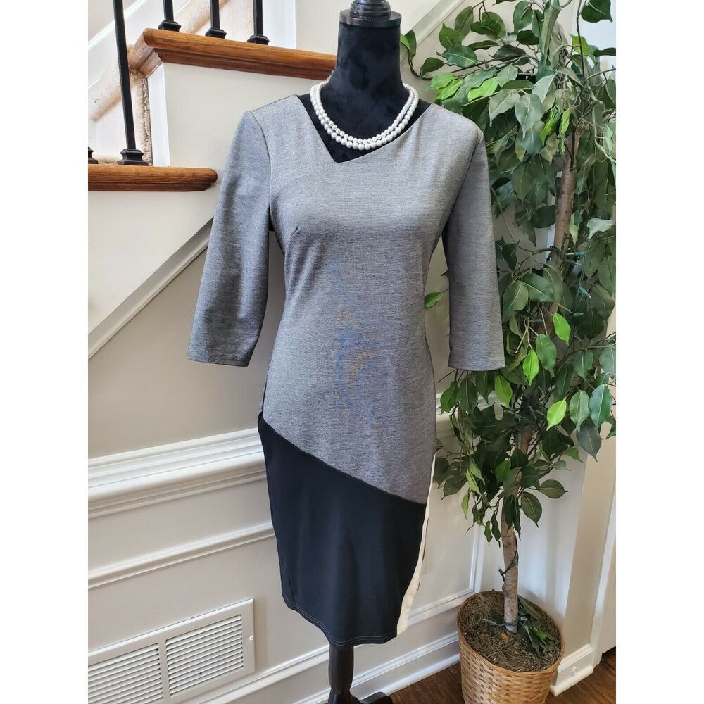 Homeyee Women's Solid Gray Cotton V-Neck Long Sleeve Knee Length Dress Size XL